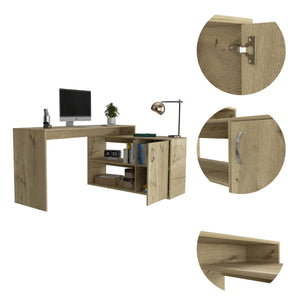 English Elm L-Shaped Desk with Right Return — Spacious 59" Work Surface, Cabinet + Shelves for Office Storage Beige 34.25 L x 23.62 W x 4.72 H B097S00169