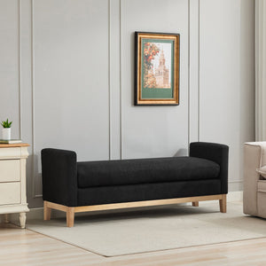 English Elm 66.34"W Elegant Upholstered Bench & Daybed, Soft Black Boucle, Natural Wood Legs & Bolster Pillows W3188S00019