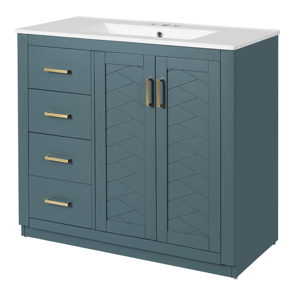 English Elm 36'' Bathroom Vanity with Ceramic Sink Combo, Solid Wood Frame, Soft-Close Drawers and Stylish Retro Groove Design Blue N710P291684C