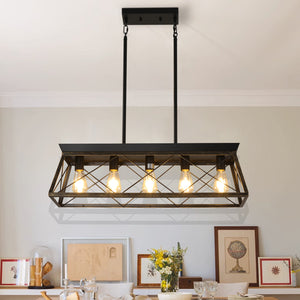 English Elm 32" Black Gold Industrial 5-Light Pendant Chandelier - Adjustable Metal Cage Farmhouse Lighting for Kitchen, Dining, Living Room W2312P368669