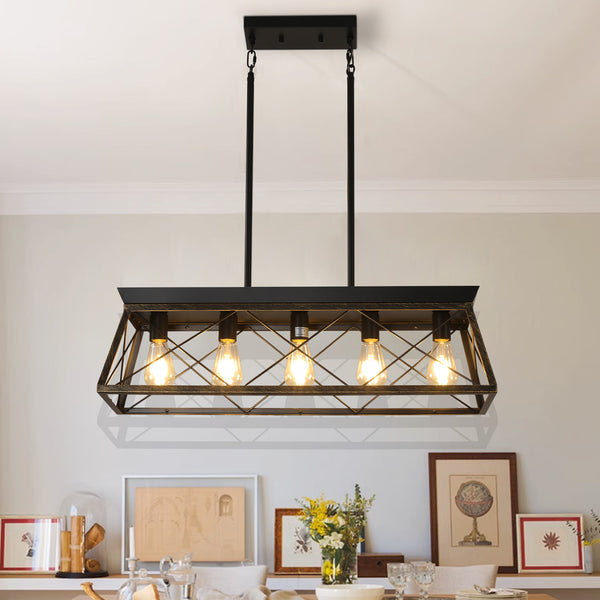 English Elm 32" Black Gold Industrial 5-Light Pendant Chandelier - Adjustable Metal Cage Farmhouse Lighting for Kitchen, Dining, Living Room W2312P368669