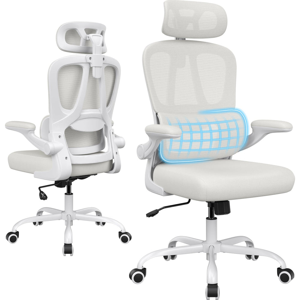 English Elm Ergonomic Mesh High Back Desk Chair with Lumbar Support Flip up Arms and Headrest Beige,White T3623P434269