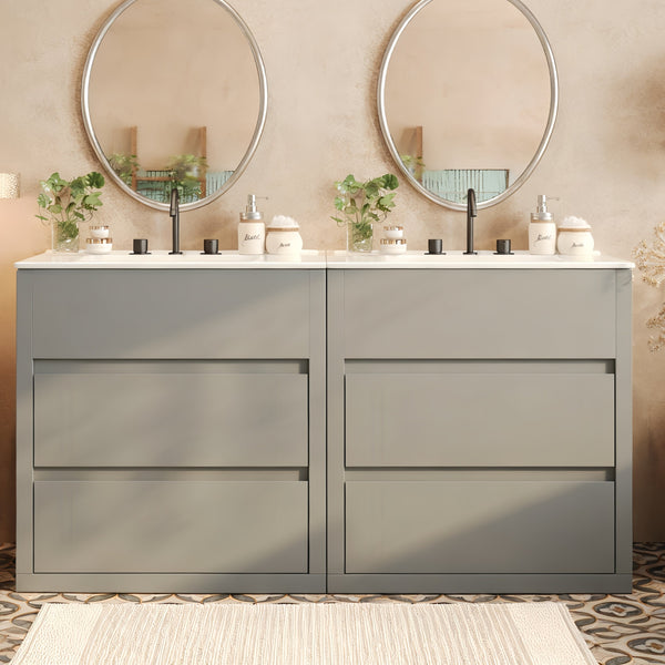 English Elm Christopher Knight Home® - 60" Double Sinks Bathroom Vanity Set with Two Ceramic Basins, Soft-Close Drawers, Sleek Handle-Free Design Gray N817P280550G