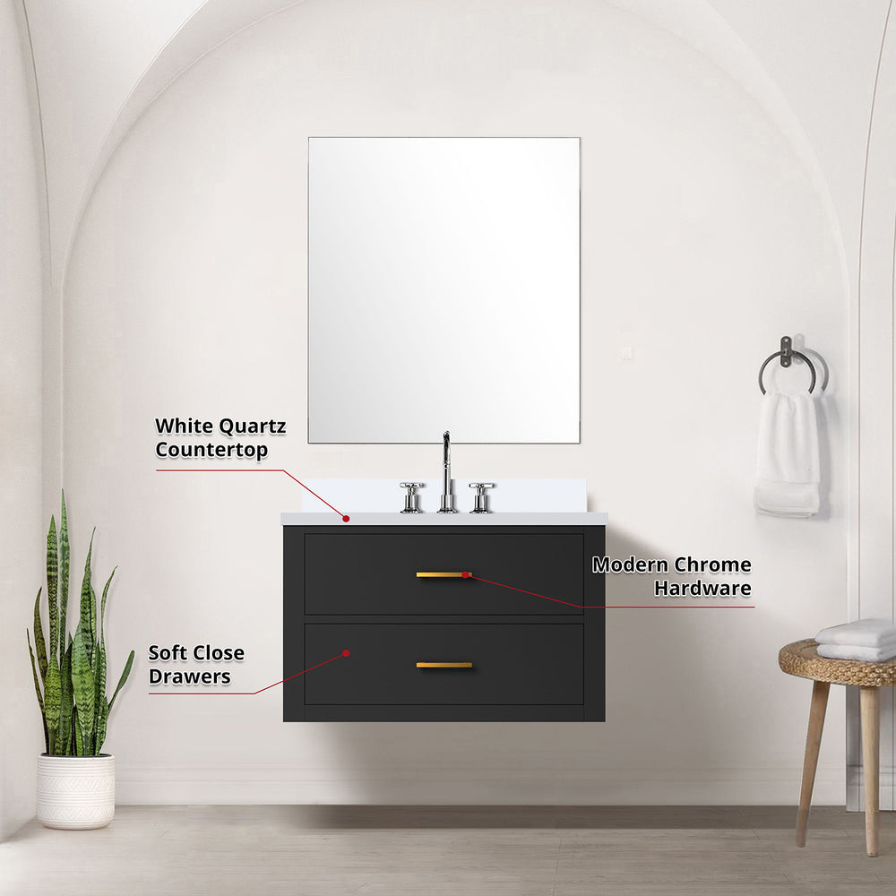 English Elm Black Single Bath Vanity Set With White Quartz Countertop, Frameless Mirror & Chrome Faucet Included B2731S01979