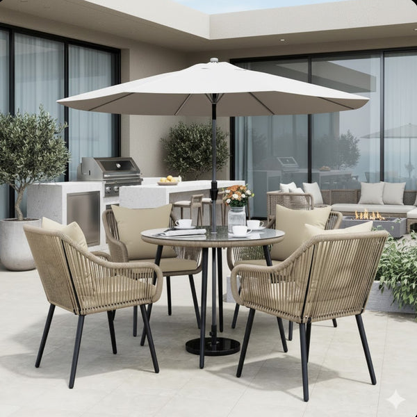 English Elm 5-piece Outdoor Wicker Patio Dining Set with Tempered Glass Table and Umbrella Hole Beige+Brown B082S00074
