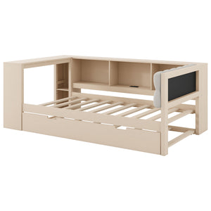English Elm Wood Twin Platform Bed Linen Headboard Storage Shelves Trundle Charging Station Cream N709P004023C