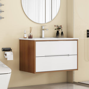 English Elm 32-Inch Wall-Mounted Bathroom Vanity With Sink Combo, Soft-Close Drawers, Modern Walnut Finish W3151S00049