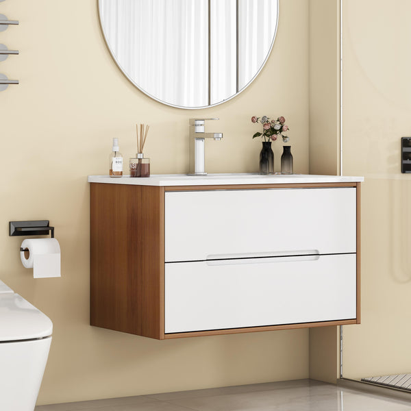 English Elm 32-Inch Wall-Mounted Bathroom Vanity With Sink Combo, Soft-Close Drawers, Modern Walnut Finish W3151S00049