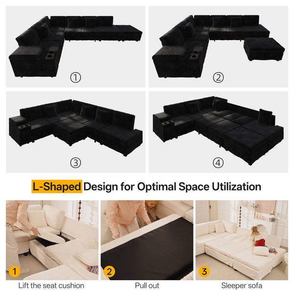 English Elm 110.2" Corduroy Sectional Sleeper Sofa with Ottoman Usb Ports Storage Armrests Living Room Black W3219S00014