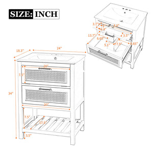 English Elm 24" Rattan Front Bathroom Vanity with Ceramic Sink Deep Drawer Storage Mdf Cabinet Dark Brown N710P293990P