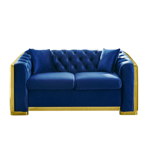 English Elm Luxury Velvet Tufted Chesterfield Loveseat with Gold Steel Trim for Living Room Navy Blue W1191S00117