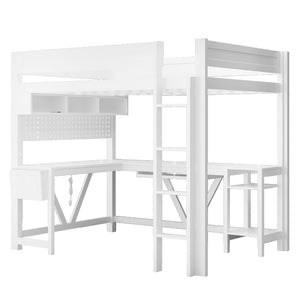 English Elm Wood Full Size Gaming Loft Bed With Desk, Led Lights, Storage Shelves & Charging Station - White N7090004022K-GIGA