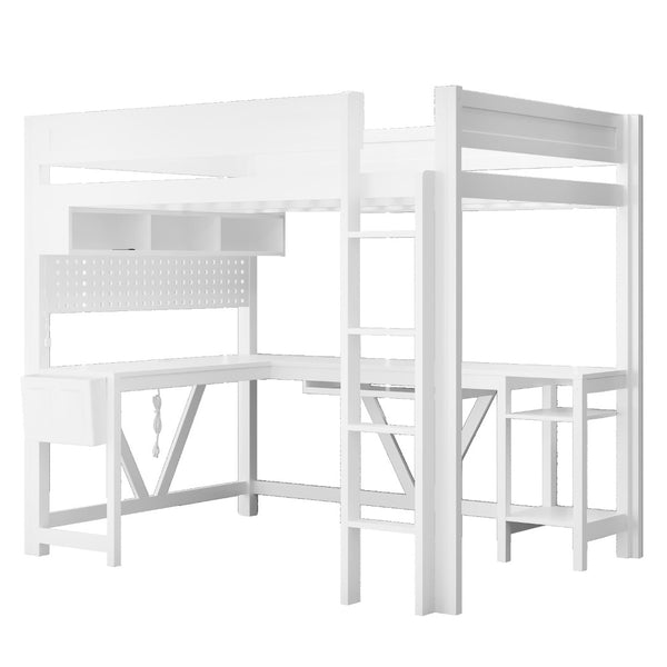 English Elm Wood Full Size Gaming Loft Bed With Desk, Led Lights, Storage Shelves & Charging Station - White N7090004022K-GIGA