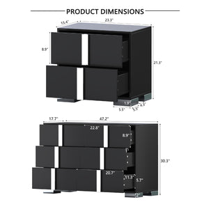 English Elm 3-Pieces Mirrored 6-Drawer Dresser and Two Nightstands with Sleek Metal Legs for Modern Living Black 54.25 L x 20.75 W x 8.5 H N733S307938B