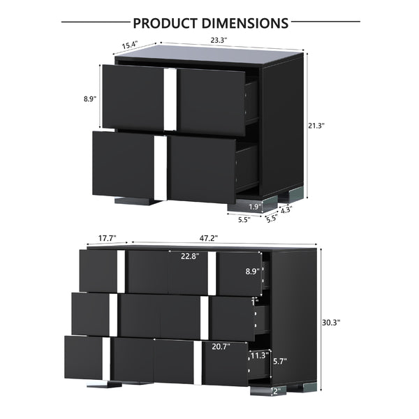 English Elm 3-Pieces Mirrored 6-Drawer Dresser and Two Nightstands with Sleek Metal Legs for Modern Living Black 54.25 L x 20.75 W x 8.5 H N733S307938B