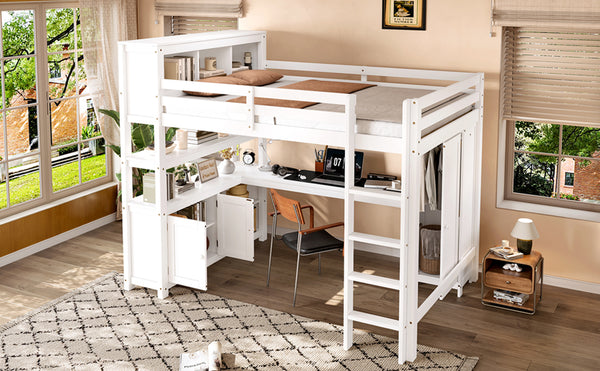 English Elm Full Size Pine Loft Bed House Frame with Slide Bookshelves and Moon Star Rails W1580S00162