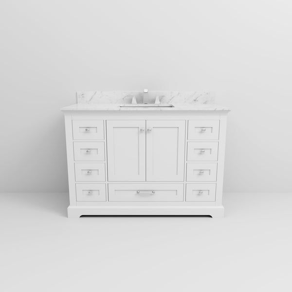 English Elm White Single Bath Vanity 48" W x 22" D with Carrara Marble Top, Chrome Faucet, Soft-Close Storage B2731P258345