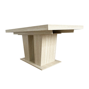 English Elm Rectangular extendable dining table with veined travertine top, beige MDF, sturdy wide feet, 6-10 seats W1347S00018