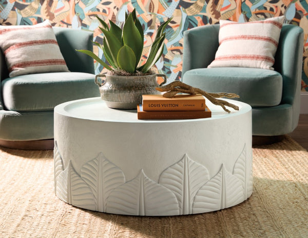 Hooker Furniture Commerce Amelia Round Cocktail Table — Textured Cream Plaster Finish, Embossed Leaf Motif, Casters, Durable Wood-Resin Construction 7228-80229-02