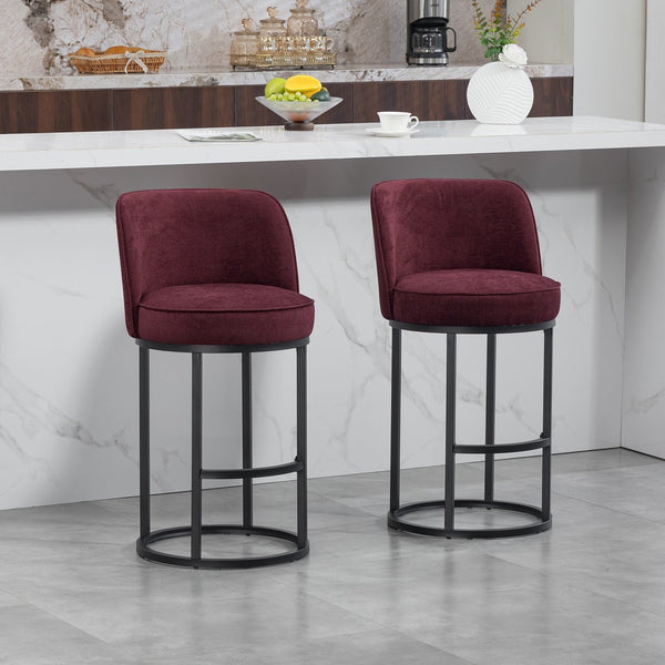 English Elm Counter Height Barstools Set of 2 Linen Upholstered Barrel Seat with Iron Legs Wine Red W395P410434