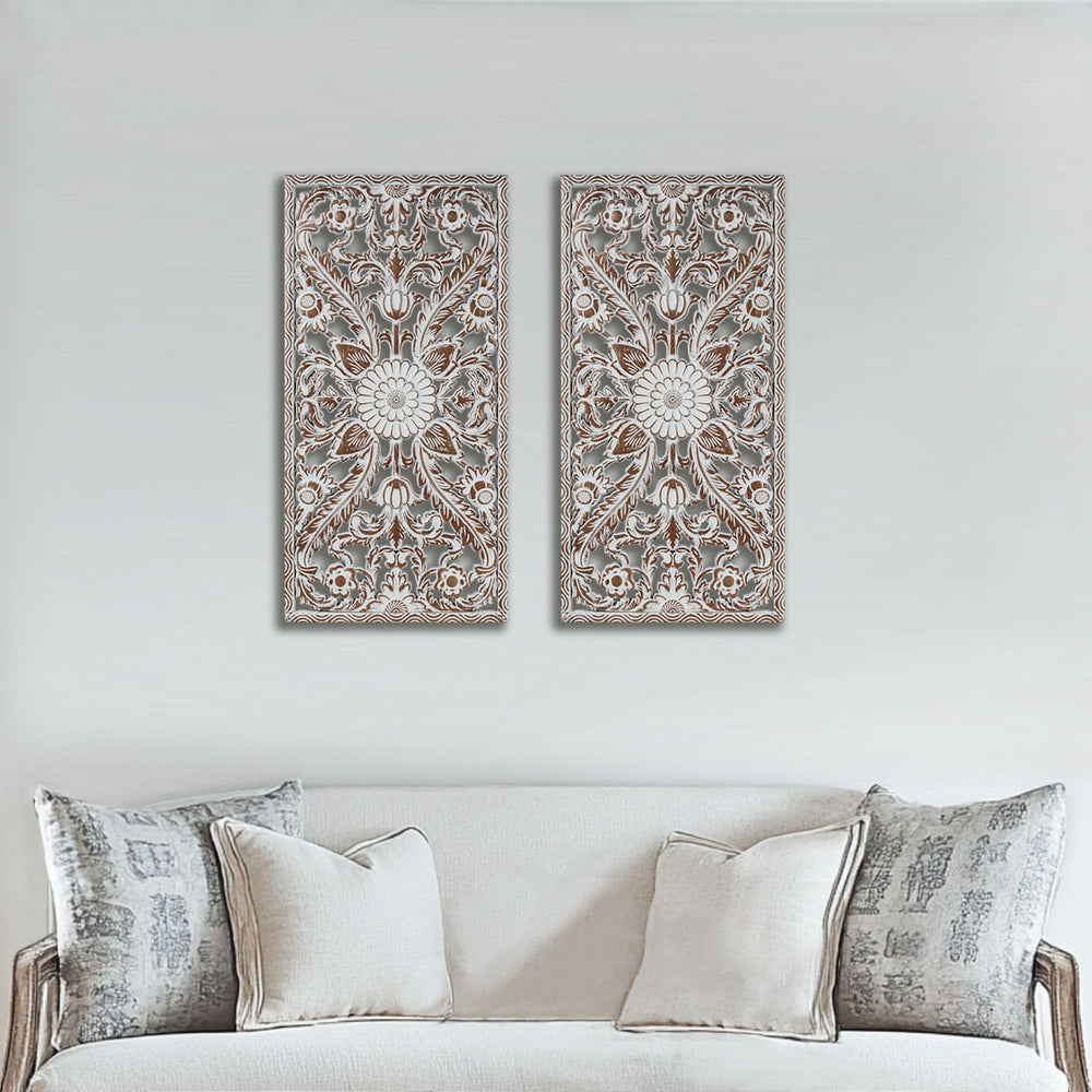 JLA Home Madison Park - Botanical Hand-Carved Lotus Wall Panels Set with Distressed Wood Finish for Rustic Home Decor and Texture Antique Brown MP95B-0364