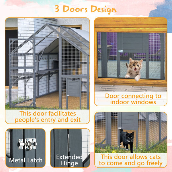 English Elm Extra Large Walk-in Outdoor Cat Enclosure with Oxford Roof Ramps and Dual Resting Huts W1422S00048