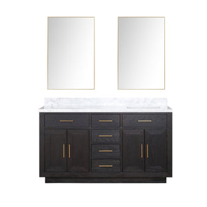 English Elm Black Oak Double Bath Vanity 60" W With Carrara Marble Top & Modern Frameless Mirrors For Elegance B2731S02137