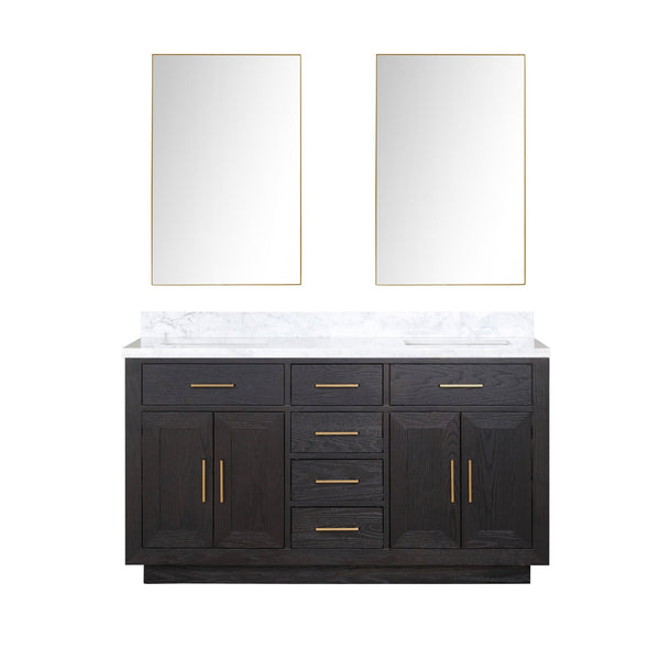 English Elm Black Oak Double Bath Vanity 60" W With Carrara Marble Top & Modern Frameless Mirrors For Elegance B2731S02137