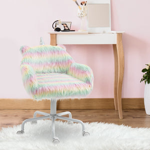 English Elm Homcom Fluffy Unicorn Office Chair With Mid-Back and Armrest Support, 5 Star Swivel Wheel White Base, Rainbow