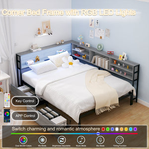 English Elm Twin Corner Daybed with Bookcase Headboard Led Lighting and Usb Charging Ports W3107P396528