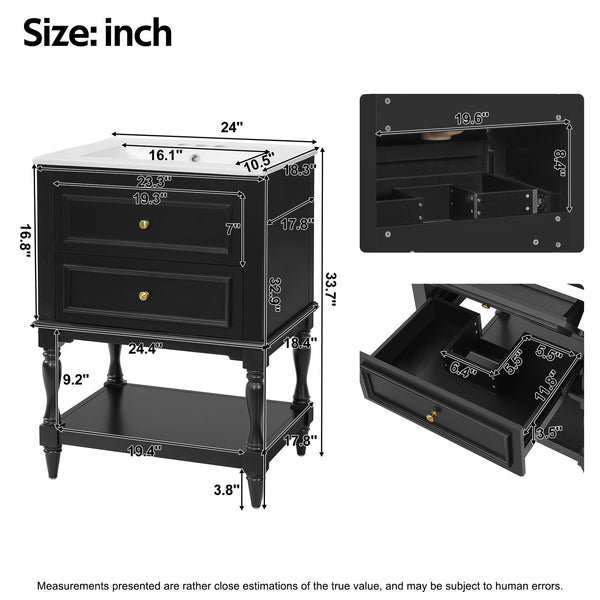 English Elm 24'' Retro Bathroom Vanity Mdf Cabinet with Ceramic Sink Open Shelf and 2 Drawers Black N710P405414B