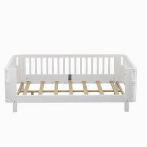 English Elm Twin Low Profile Pine Wood Kids Bed with Safety Rails and Fence Style Headboard W2593P367052