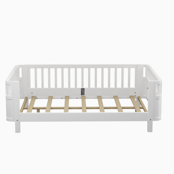 English Elm Twin Low Profile Pine Wood Kids Bed with Safety Rails and Fence Style Headboard W2593P367052