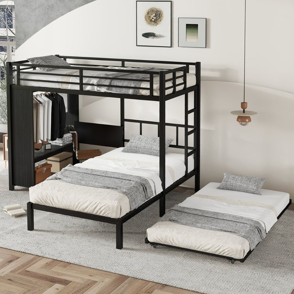 English Elm Twin Bunk Bed With Wardrobe & Trundle, Metal Frame, Foldable Desk, Noise-Reduced Design, Black Finish W1580S00135-GIGA