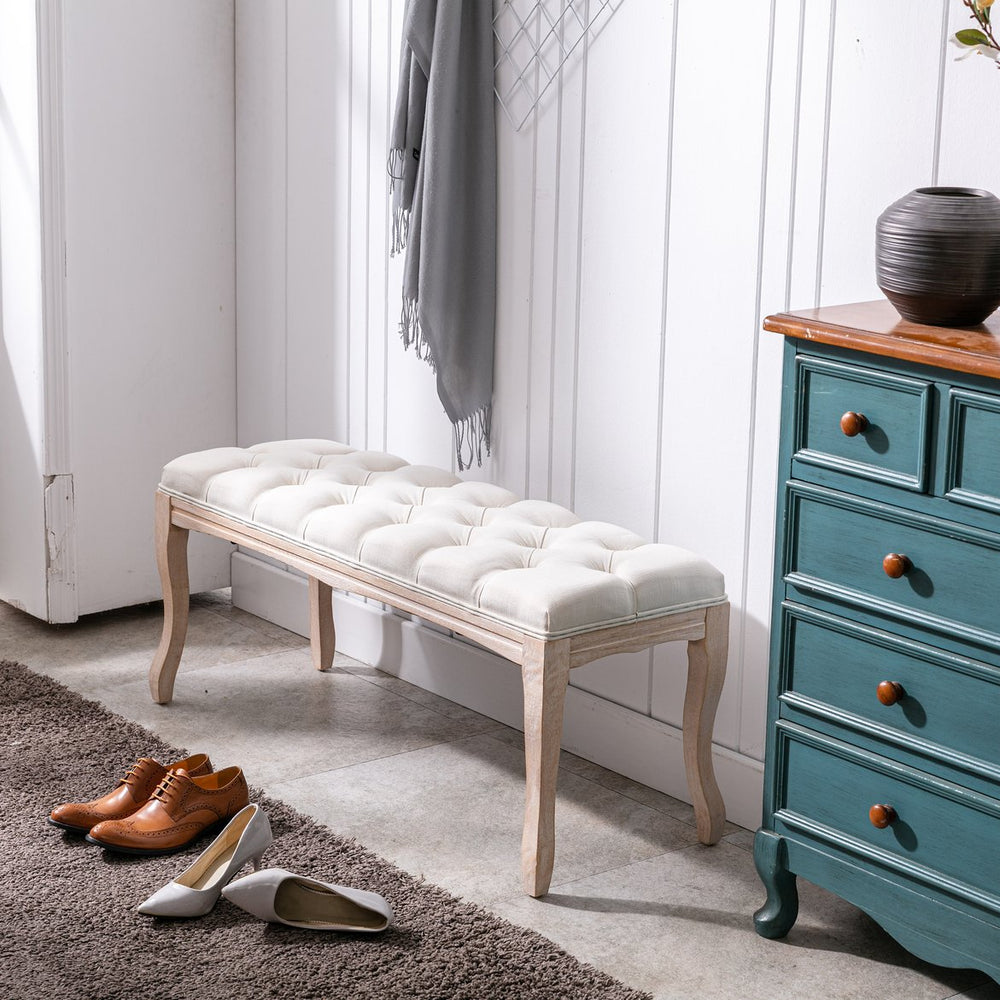 English Elm Bedroom Bench Tufted Linen Seat with Carved Distressed Wood Legs French Country Style Beige W3244P493647