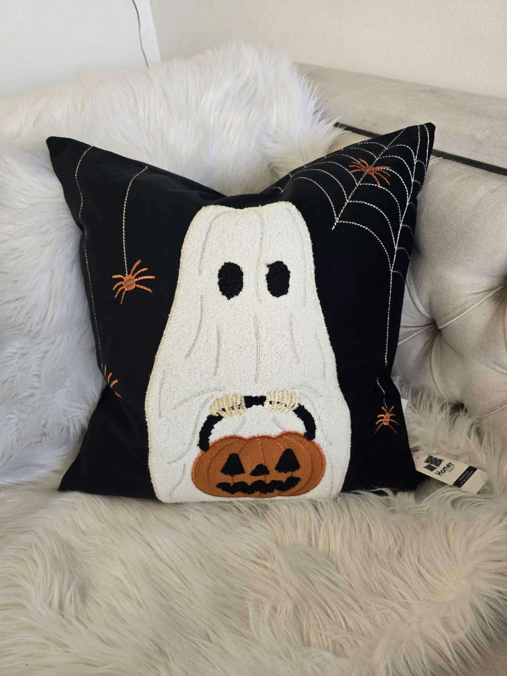 English Elm Halloween Ghost Throw Pillow - Adorable Pumpkin Bucket Design For Cozy Seasonal Decor & Comfort B357P360664