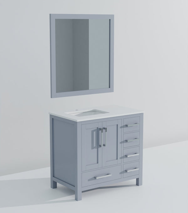 English Elm Dark Grey Bath Vanity Set With Left Offset Quartz Top, Soft-Close Drawers & Matching Mirror Included B2731S00685