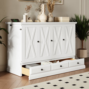English Elm Farmhouse Pine Wood Murphy Cabinet Bed with Charging Station and Rolling Storage Drawer BS701P170503K