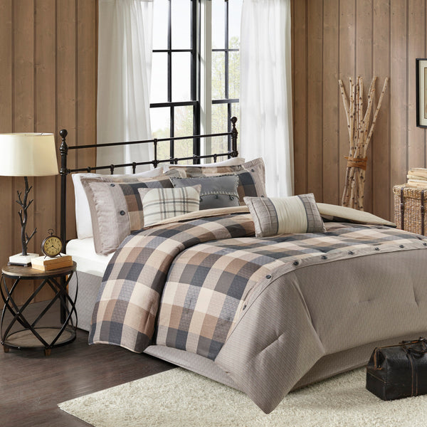 English Elm 7 Piece Herringbone Comforter Set - Cozy Buffalo Plaid Queen Ensemble With Decorative Pillows B03597190