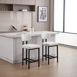 English Elm Bar Stools Set of 2 Upholstered Fabric Seat with Foam Cushion Black Metal Legs Cream W3244P310202