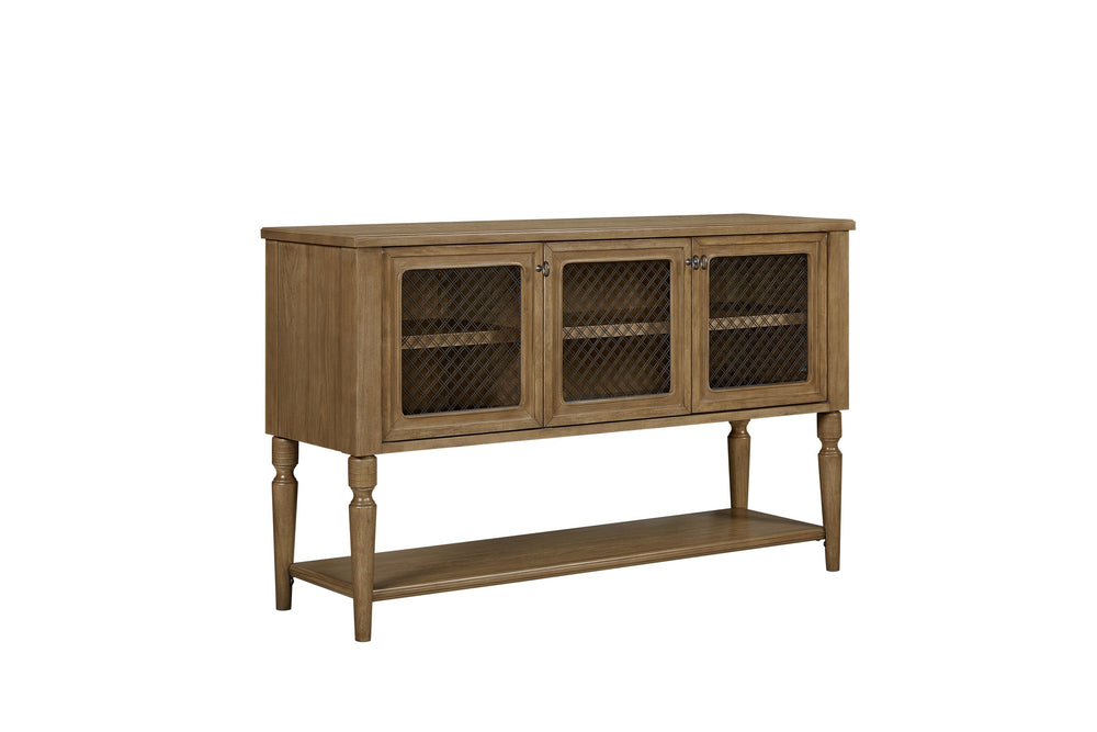English Elm Sever Solid Wood Sideboard with Metal Mesh Doors, Open Shelf & Turned Legs for Stylish Storage Almond 65.5 L x 22.25 W x 26 H B2699P383829