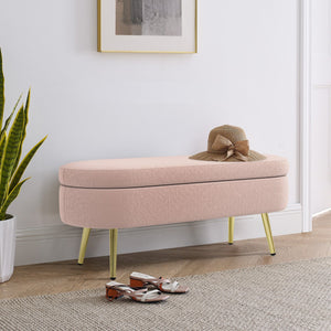 English Elm Ottoman Oval Flannel Storage Bench with Matte Metal Legs for Bedroom or Living Room Pink W487P438632