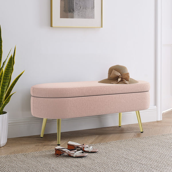 English Elm Ottoman Oval Flannel Storage Bench with Matte Metal Legs for Bedroom or Living Room Pink W487P438632