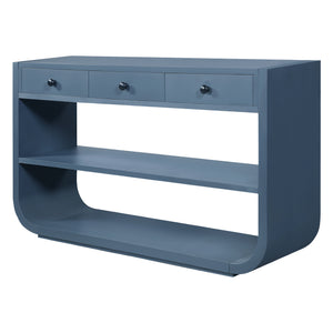 English Elm [video] Sculptural Console Table Pine Wood Curved Legs Soft-close Drawers Open Shelving Entryway Blue N759P433560C