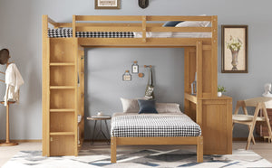 English Elm Queen Over Twin Bunk Bed With Built-In Desk, Storage, And Dismountable Lower Bed - Natural Wood W1580S00216-GIGA