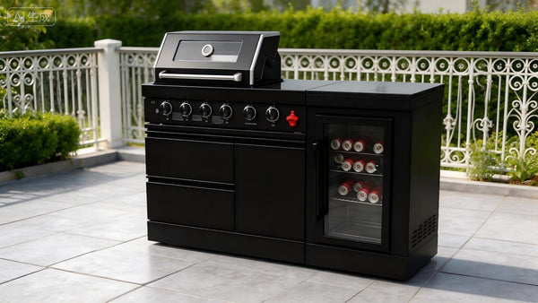 English Elm 65-inch Stainless Steel Outdoor Kitchen Island with Gas Grill Wine Cooler Marble Top W5627S00005