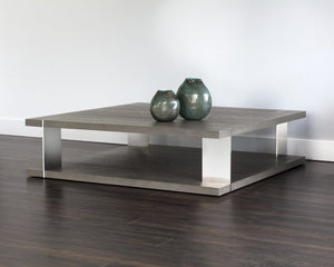 Sunpan DARIA Coffee Table - Modern Smoked Oak & Polished Stainless Steel Centerpiece with Storage Shelf 107804