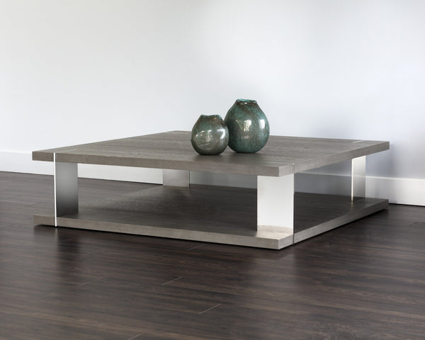 Sunpan DARIA Coffee Table - Modern Smoked Oak & Polished Stainless Steel Centerpiece with Storage Shelf 107804