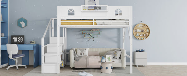 English Elm Queen Size Loft Bed With House-Shaped Guardrails, Stairs & Wardrobe - Perfect For Kids & Teens! W2593S00038-GIGA