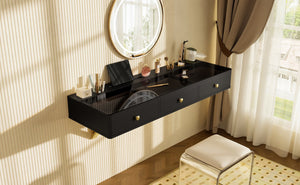 English Elm GO 47" Floating Shelf with Drawer — Sleek Wall-Mounted Vanity Desk, MDF/Iron/Glass, 100lb Capacity WF316977AAB